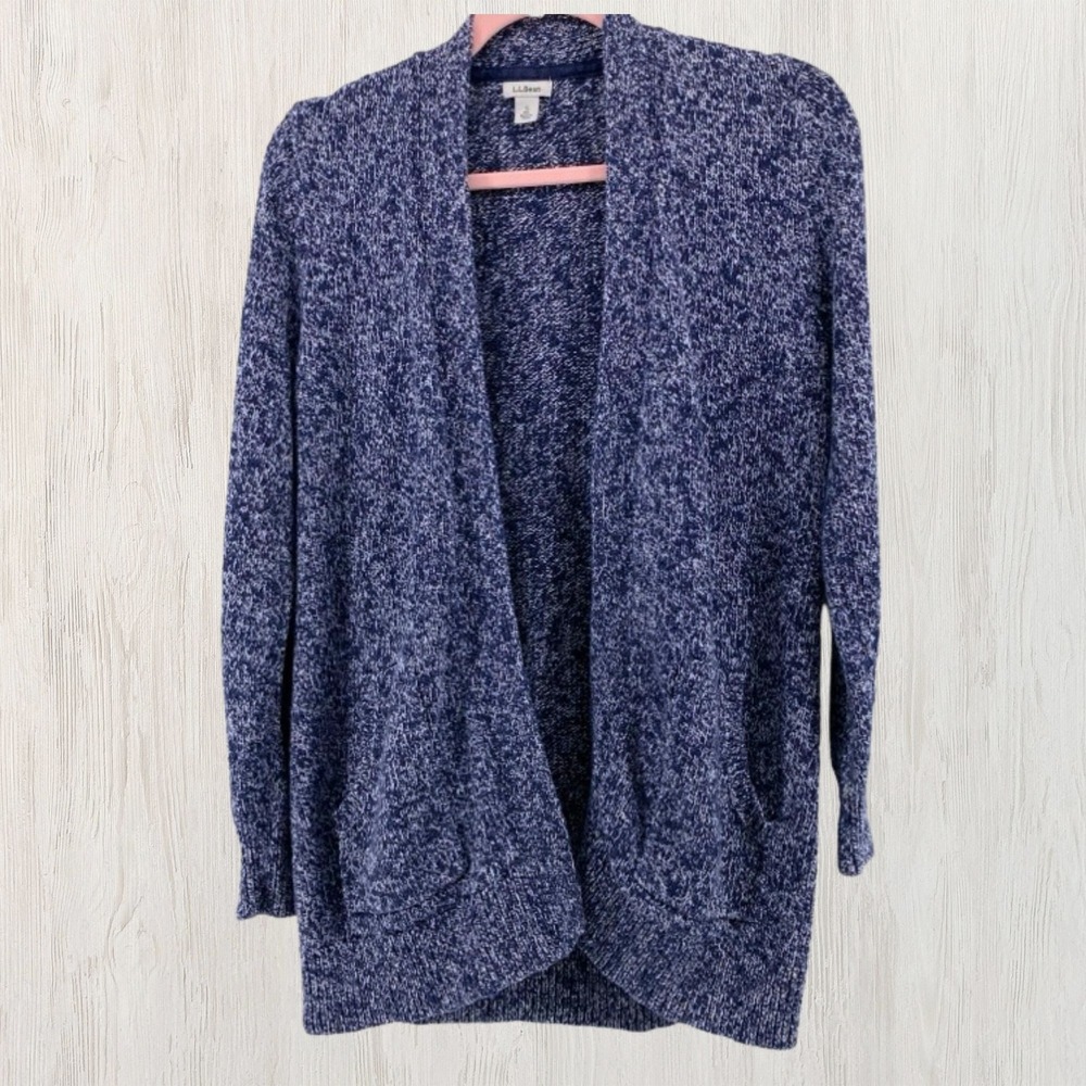 LL Bean Women S Marled Cotton Cardigan Navy White Open Front Longline Pockets
